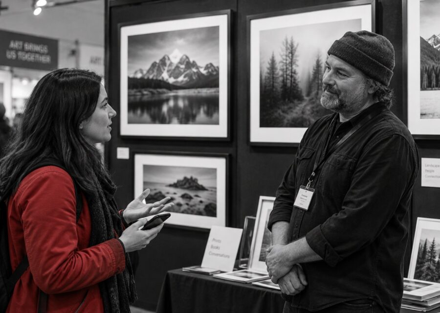Visitor asking a photographer about taking a phone picture beside black-and-white prints.