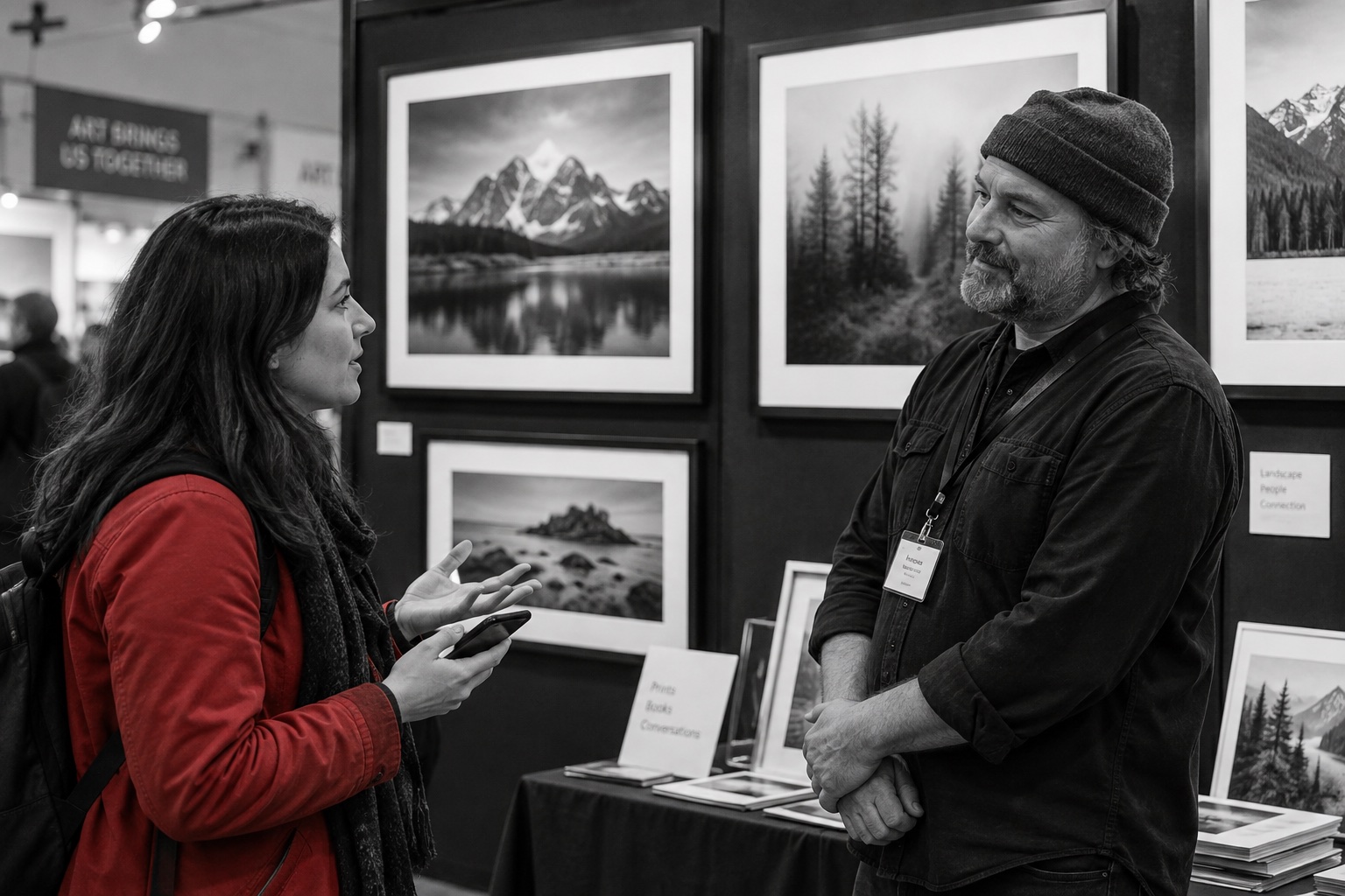Visitor asking a photographer about taking a phone picture beside black-and-white prints.