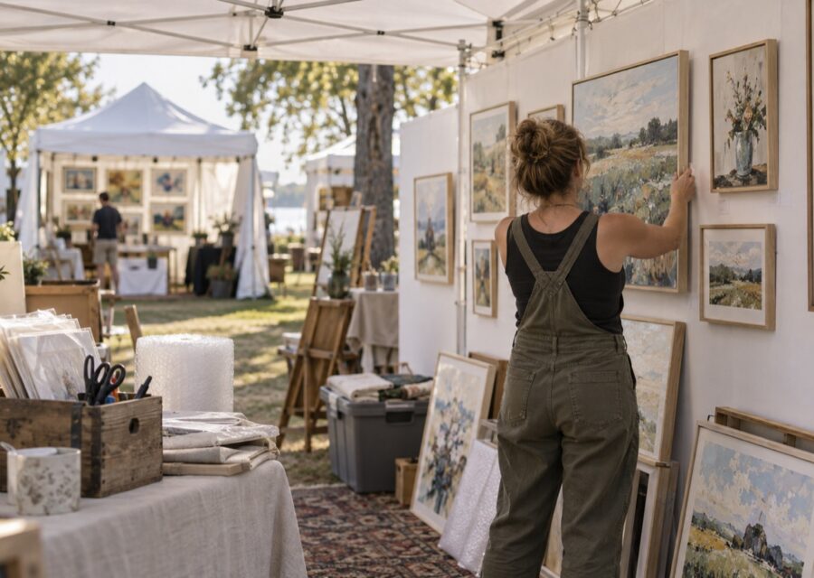 Concept image of an artist arranging framed work on display walls beneath an outdoor art show canopy.