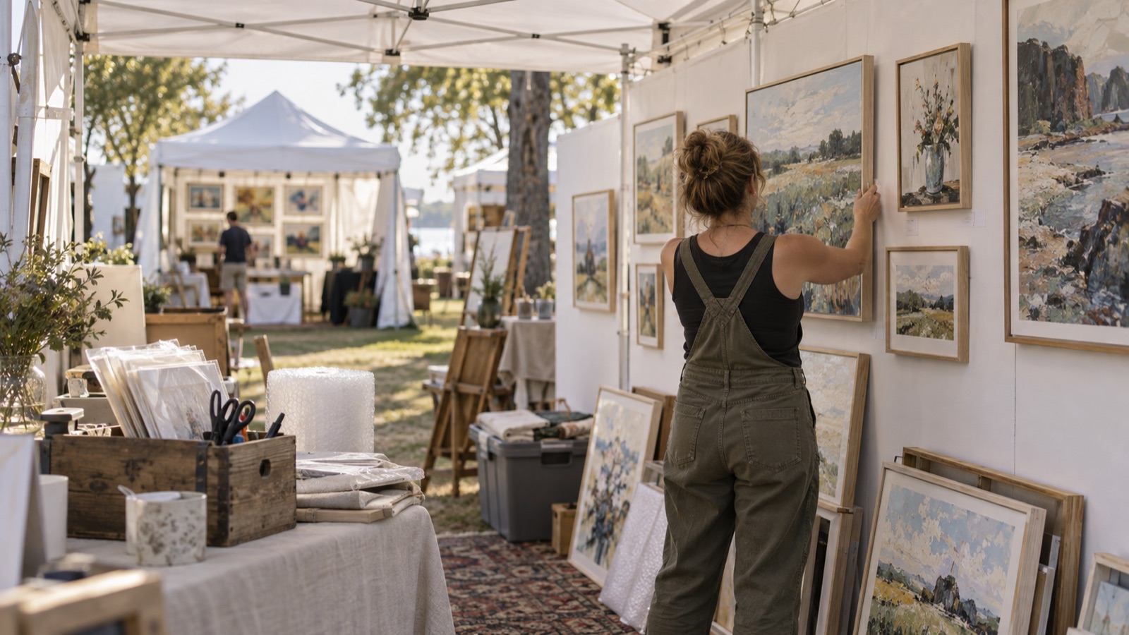 Concept image of an artist arranging framed work on display walls beneath an outdoor art show canopy.