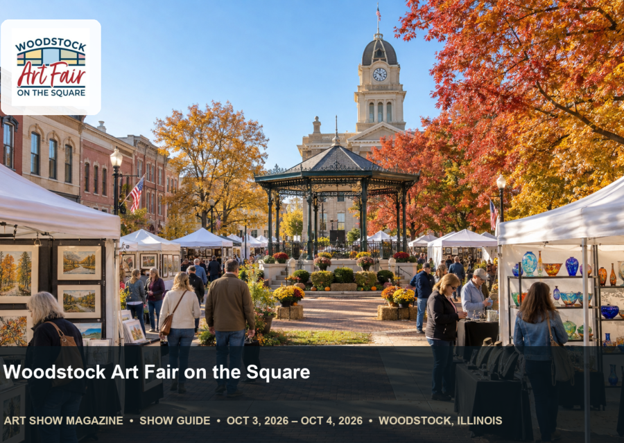Conceptual editorial scene for Woodstock Art Fair on the Square in Woodstock, Illinois, with the official event mark.