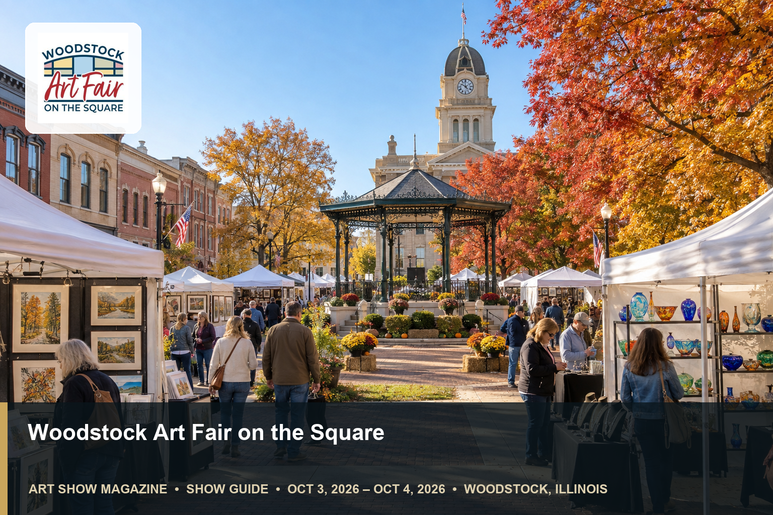Conceptual editorial scene for Woodstock Art Fair on the Square in Woodstock, Illinois, with the official event mark.