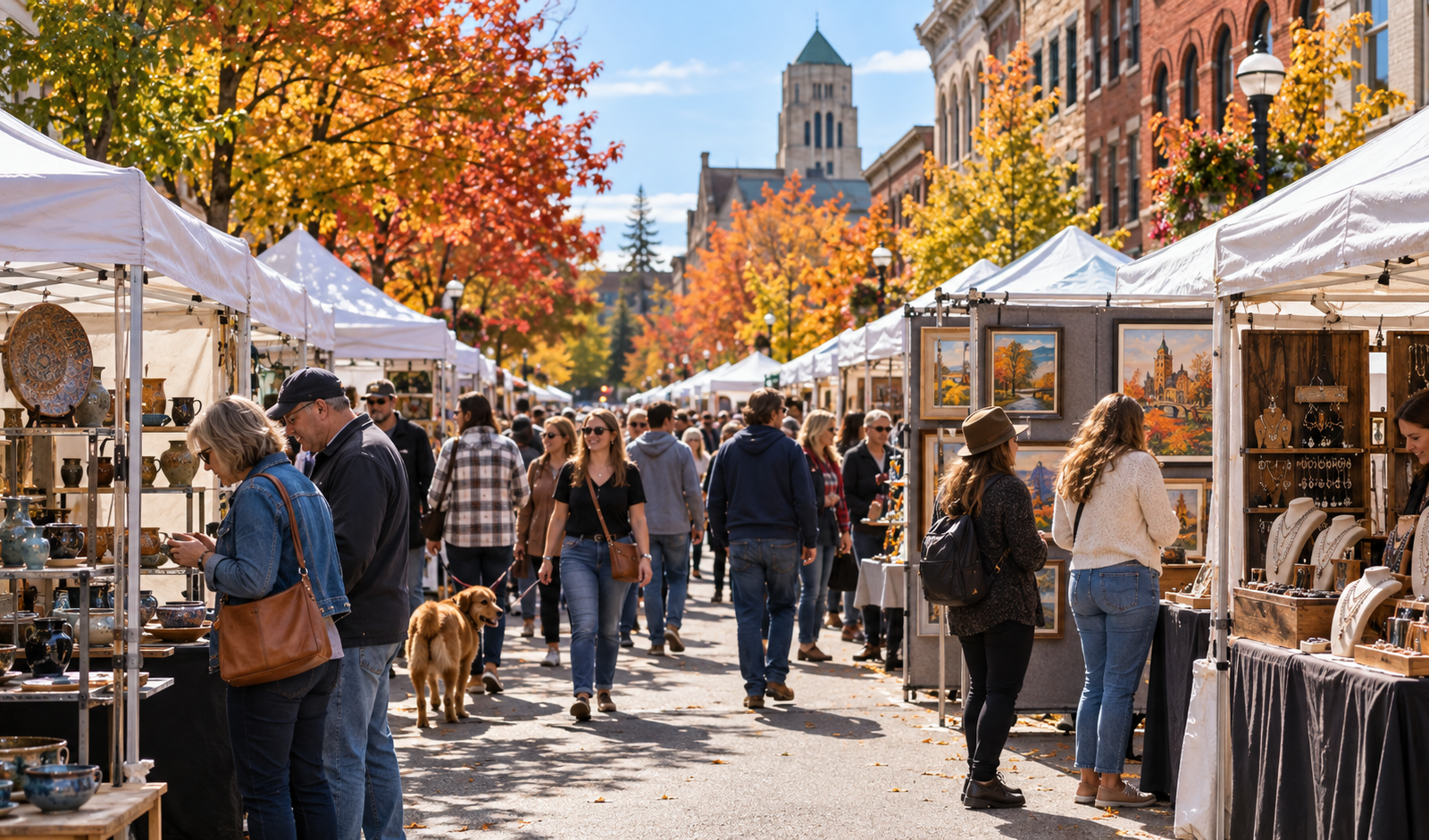Conceptual autumn street fair in Ann Arbor with visitors browsing juried painting, ceramics and jewelry booths.