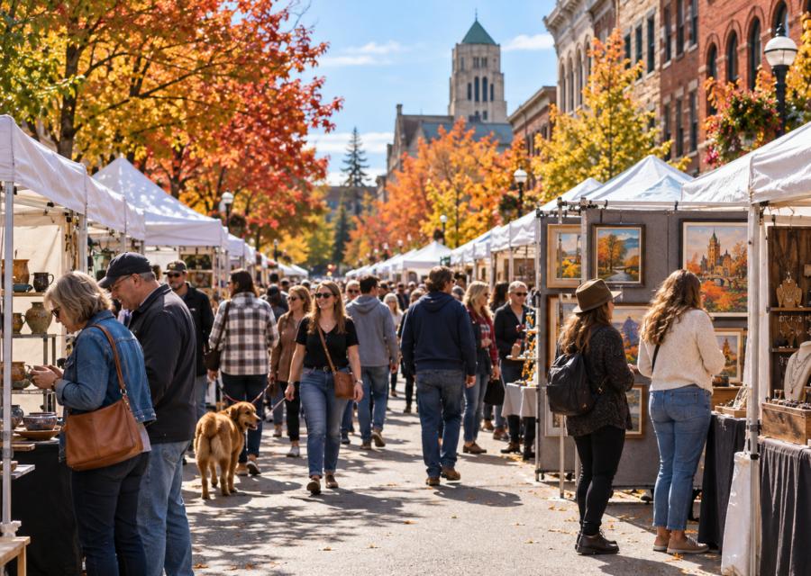 Conceptual autumn street fair in Ann Arbor with visitors browsing juried painting, ceramics and jewelry booths.