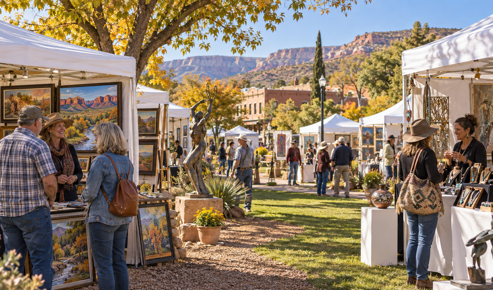 Conceptual outdoor art fair in Cottonwood with visitors browsing original paintings and sculpture in white booths.
