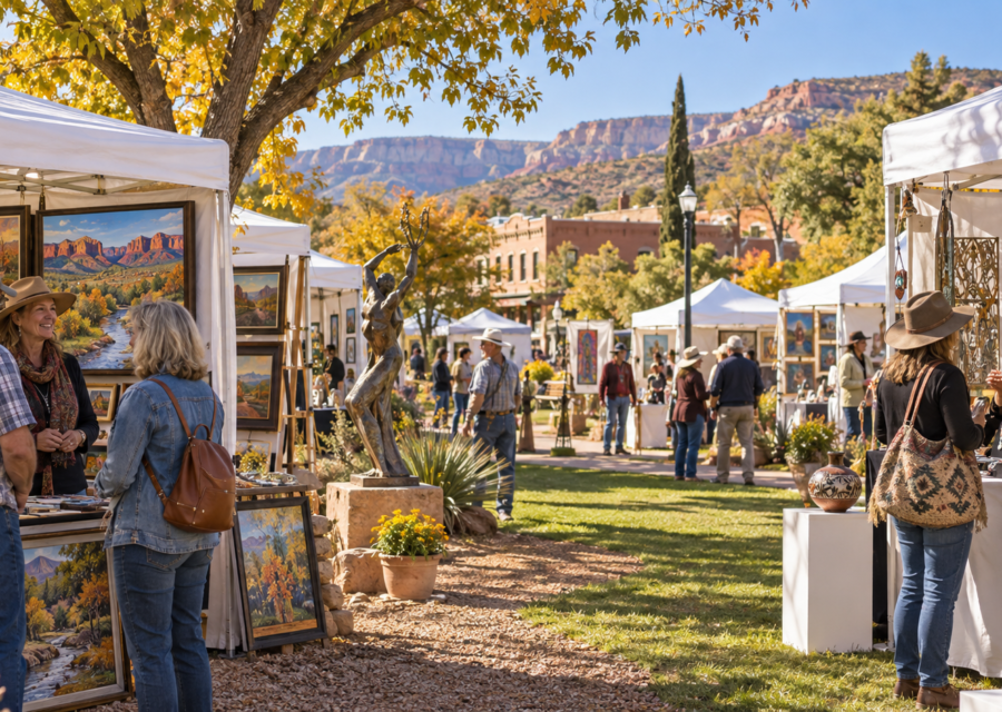Conceptual outdoor art fair in Cottonwood with visitors browsing original paintings and sculpture in white booths.