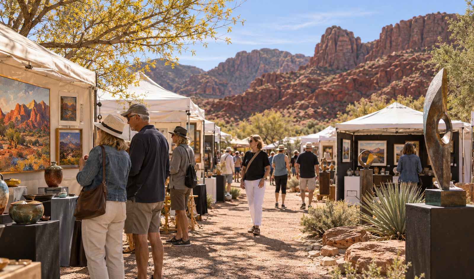 Conceptual scene of visitors browsing painting, ceramics and sculpture at an outdoor art fair against red rock scenery.