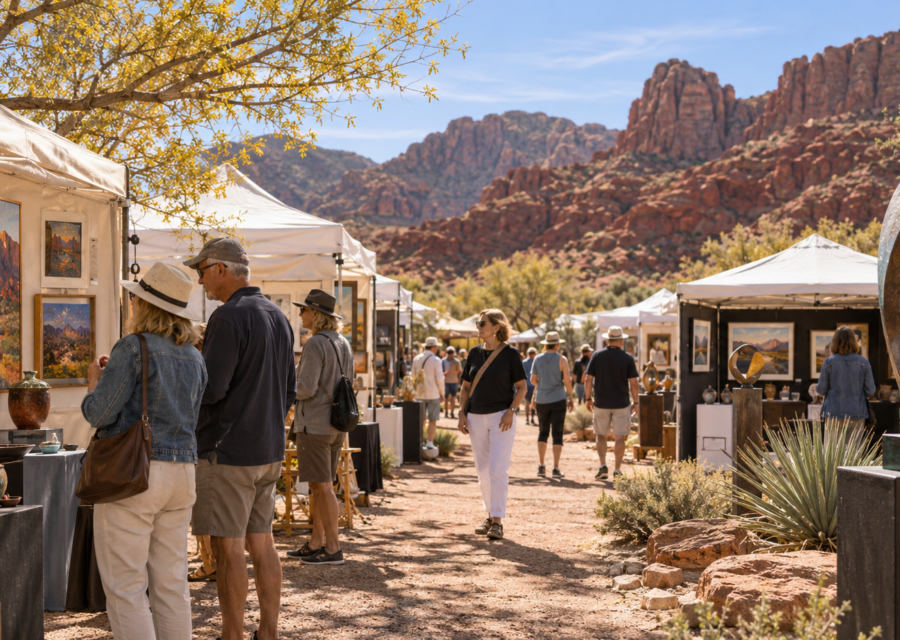 Conceptual scene of visitors browsing painting, ceramics and sculpture at an outdoor art fair against red rock scenery.