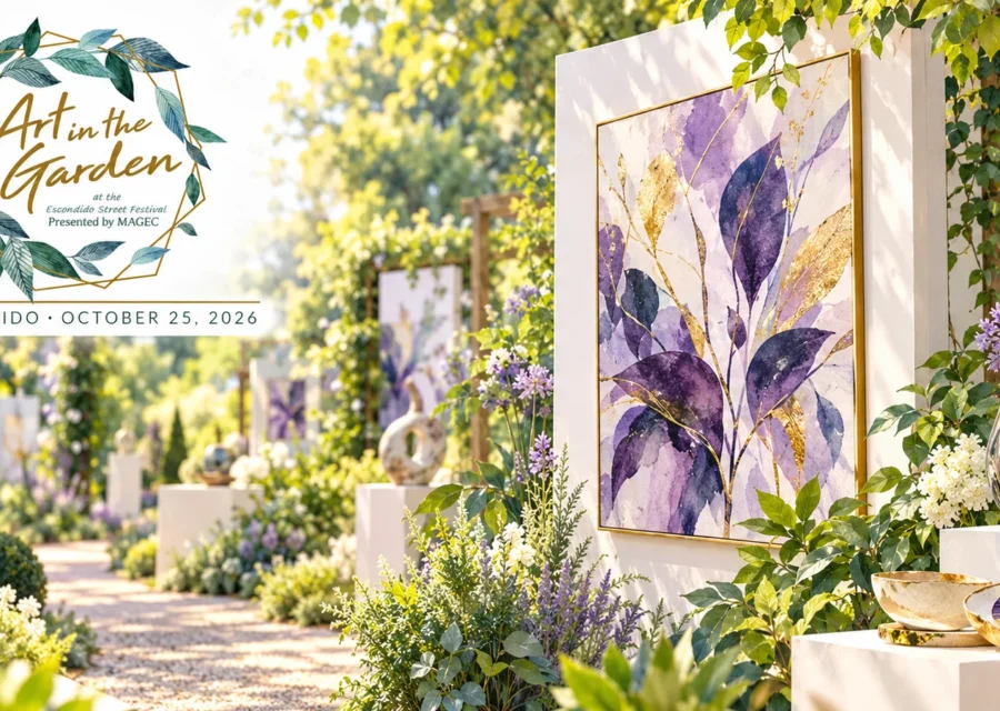 AI-generated garden art exhibition with painting, glass and the official leafy Art in the Garden logo in the upper-left.