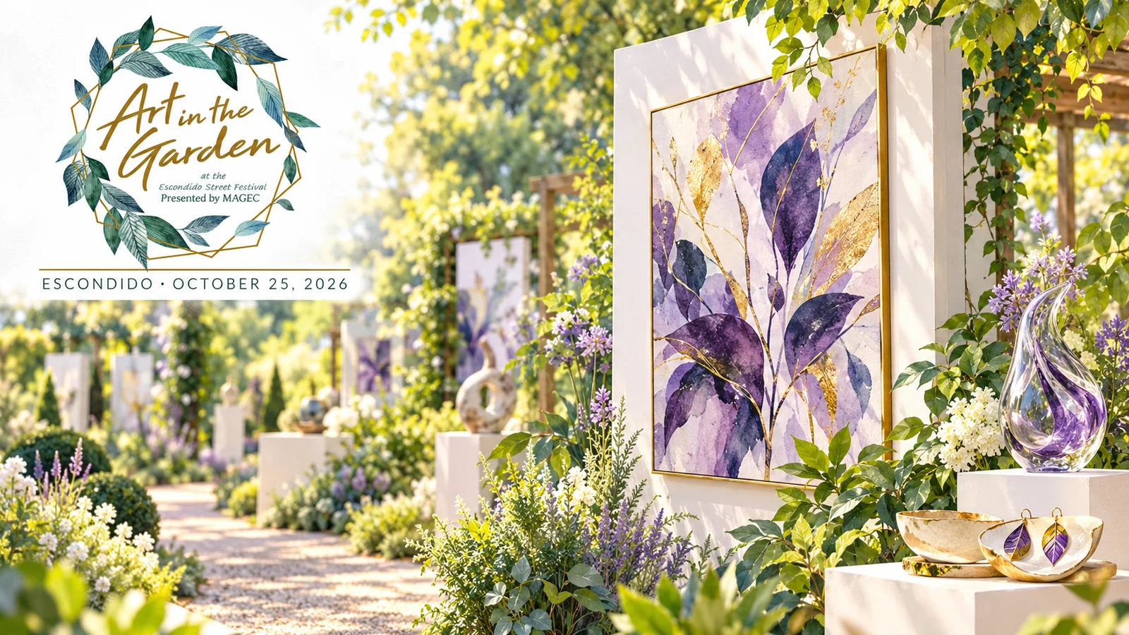 AI-generated garden art exhibition with painting, glass and the official leafy Art in the Garden logo in the upper-left.