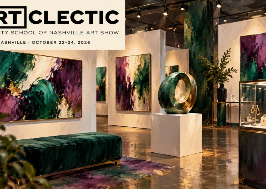 AI-generated indoor gallery with abstract paintings, sculpture and jewelry beneath the official Artclectic logo in the upper-left.