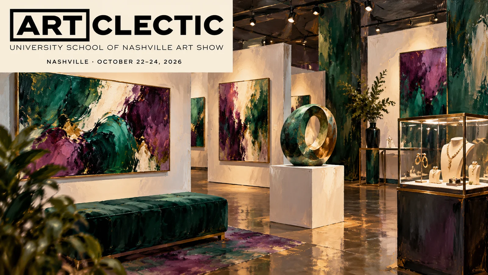 AI-generated indoor gallery with abstract paintings, sculpture and jewelry beneath the official Artclectic logo in the upper-left.