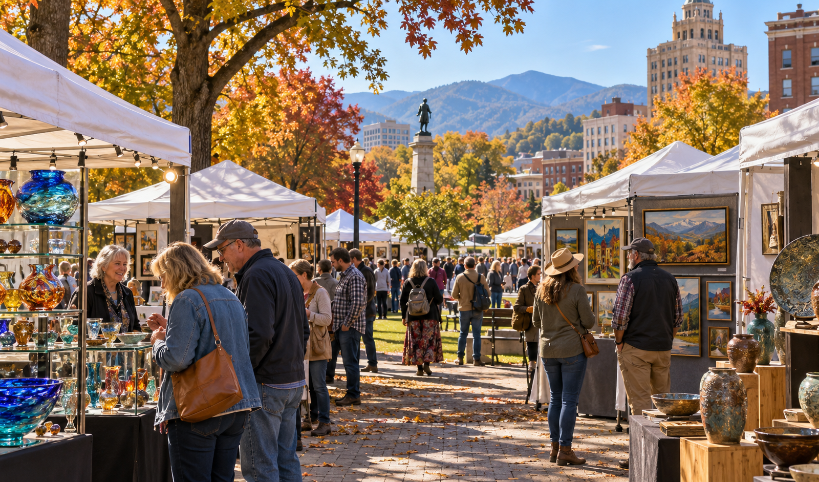 Conceptual autumn art market in downtown Asheville, with visitors browsing handmade glass and ceramics in white booths.