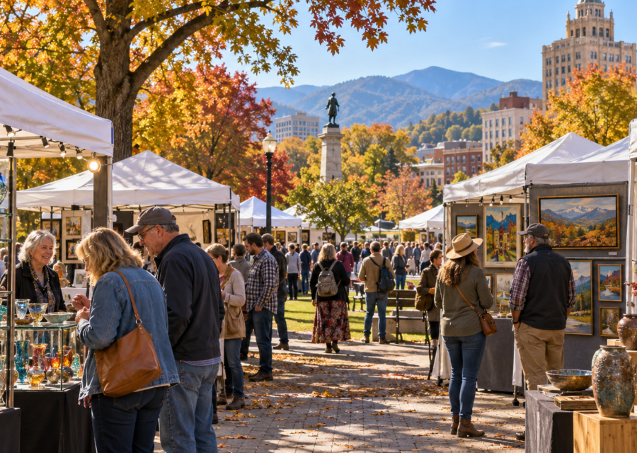Conceptual autumn art market in downtown Asheville, with visitors browsing handmade glass and ceramics in white booths.