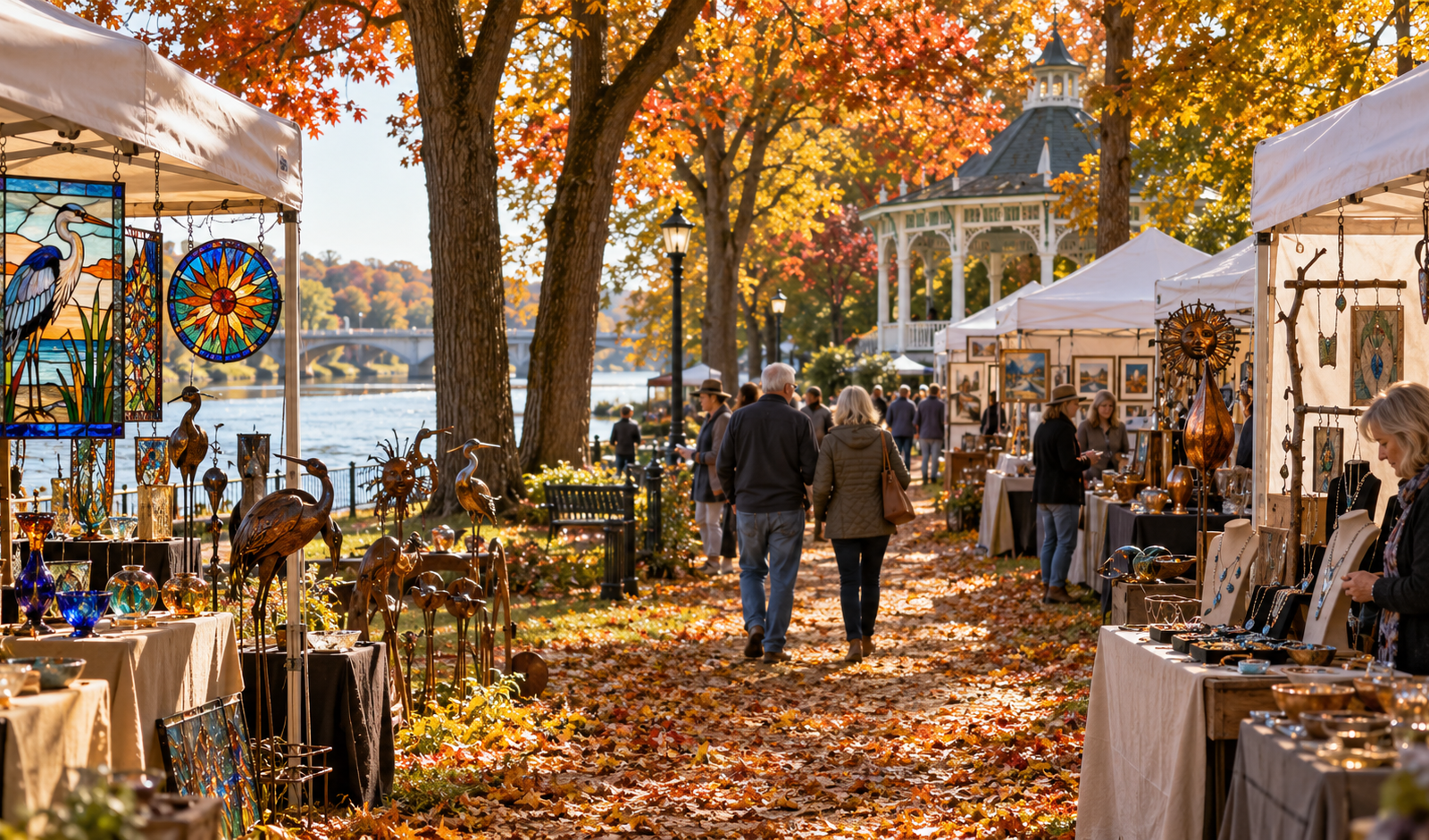 Conceptual St. Charles riverside handmade art and craft show beneath autumn trees