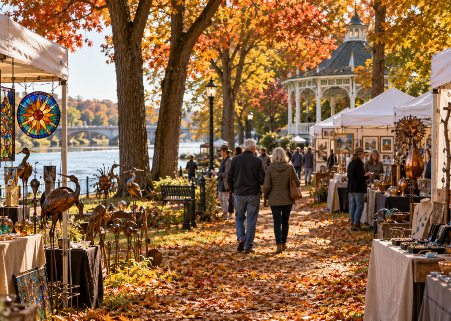 Conceptual St. Charles riverside handmade art and craft show beneath autumn trees