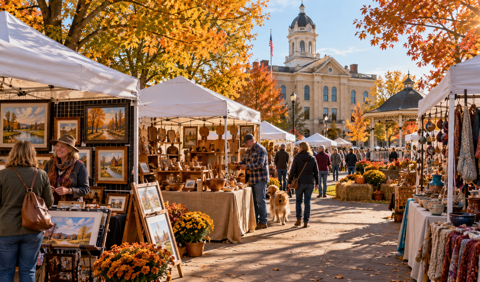 Conceptual Wisconsin town square art fair with original paintings and craft booths in autumn.
