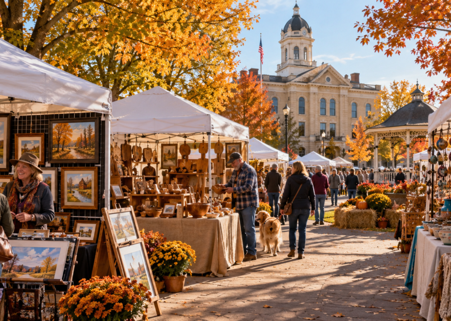 Conceptual Wisconsin town square art fair with original paintings and craft booths in autumn.