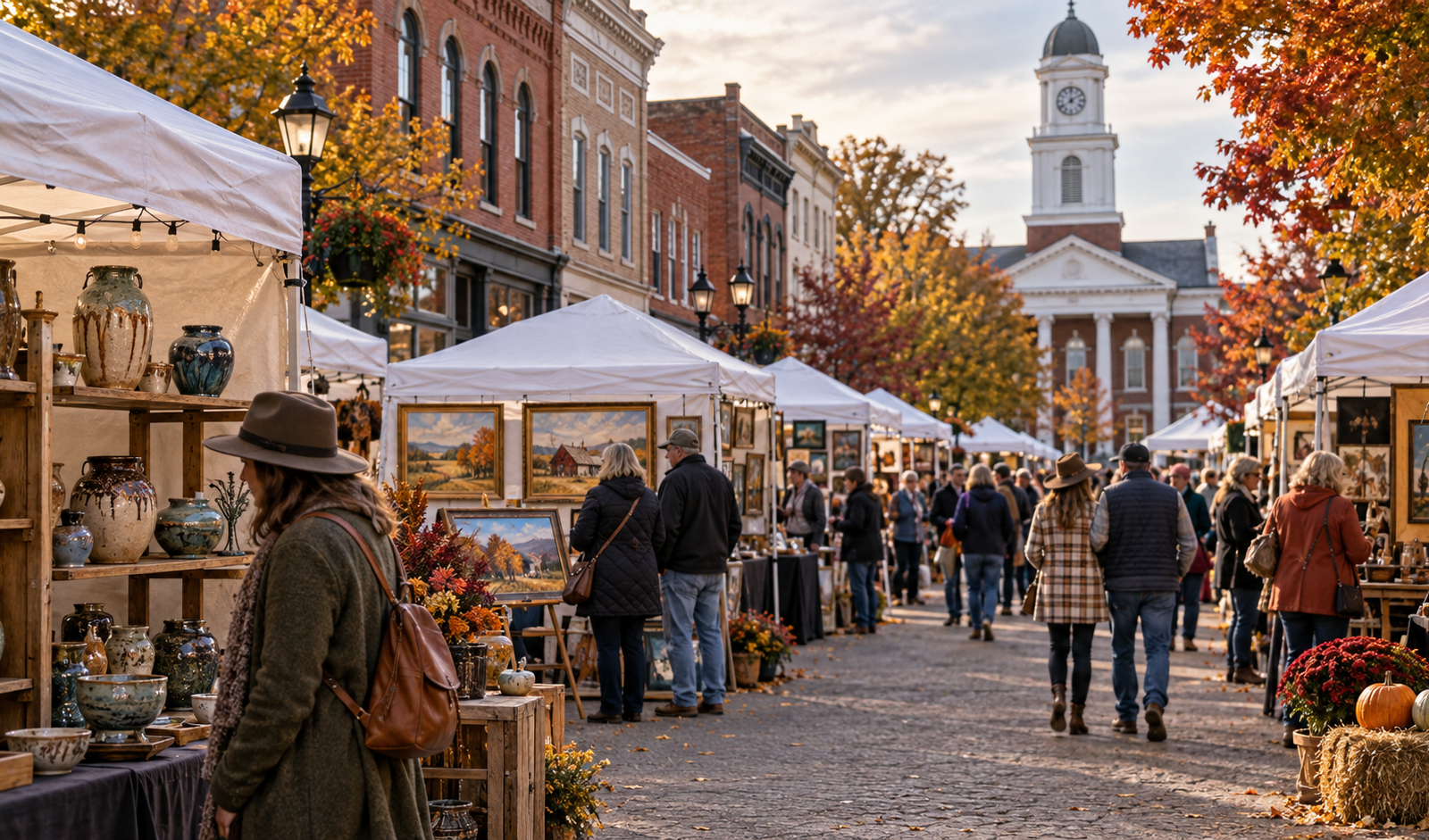 Conceptual Kentucky historic downtown art and craft festival with artist booths and autumn trees