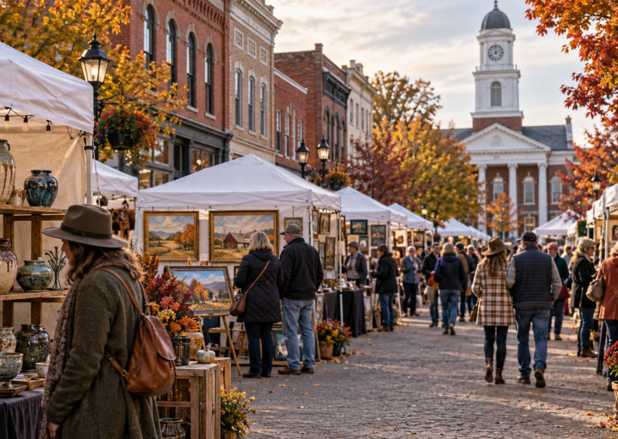 Conceptual Kentucky historic downtown art and craft festival with artist booths and autumn trees