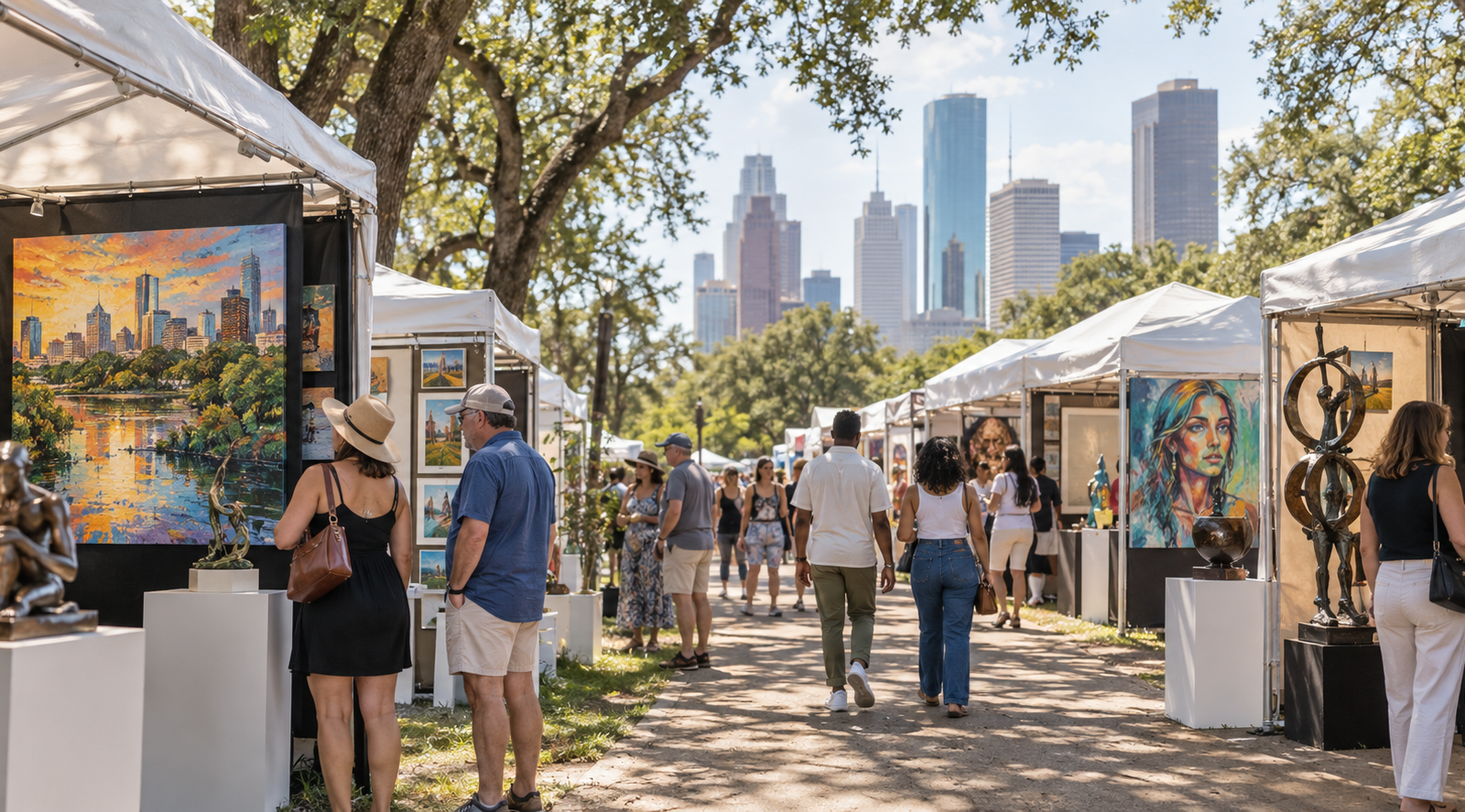 Conceptual view of visitors browsing original art beneath white tents and shade trees in a Houston park.