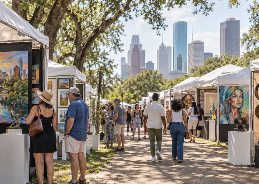 Conceptual view of visitors browsing original art beneath white tents and shade trees in a Houston park.