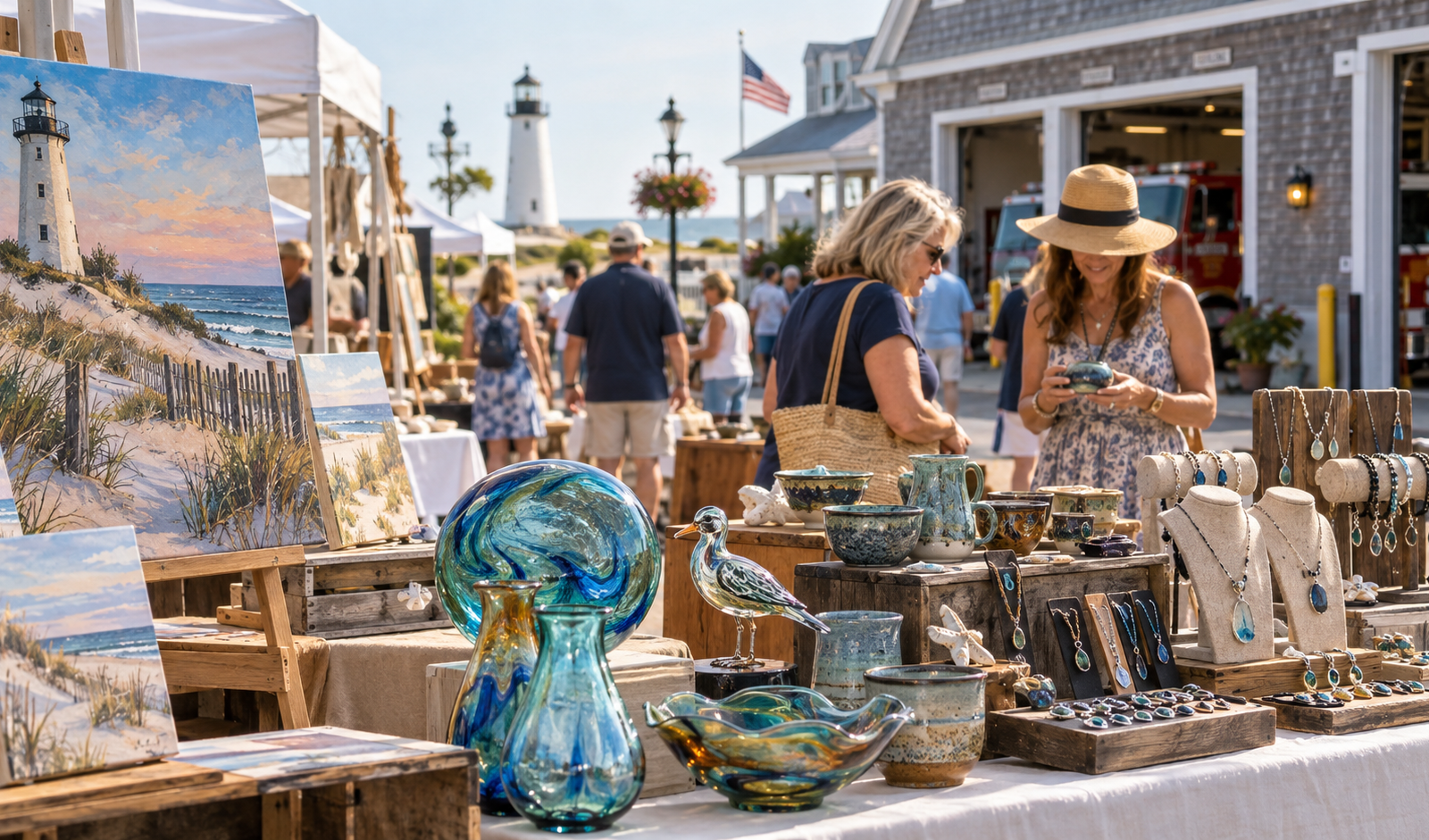 Conceptual Delaware seaside artisan festival with coastal art, pottery and handmade glass.