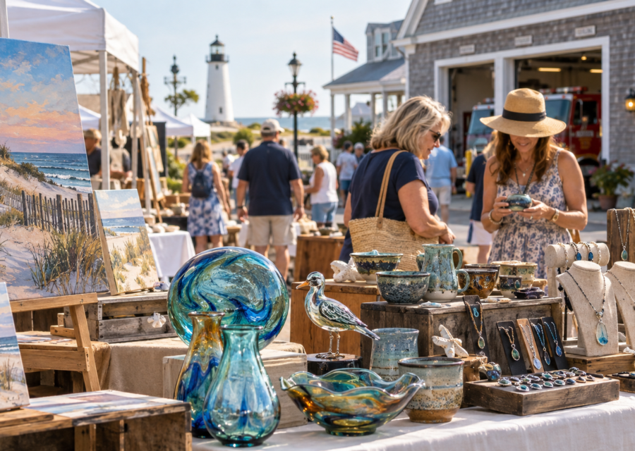 Conceptual Delaware seaside artisan festival with coastal art, pottery and handmade glass.