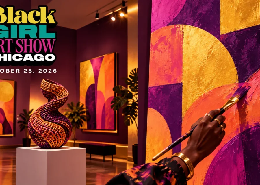 AI-generated evening gallery concept with original abstract art and the official Black Girl Art Show Chicago wordmark in the upper-left.