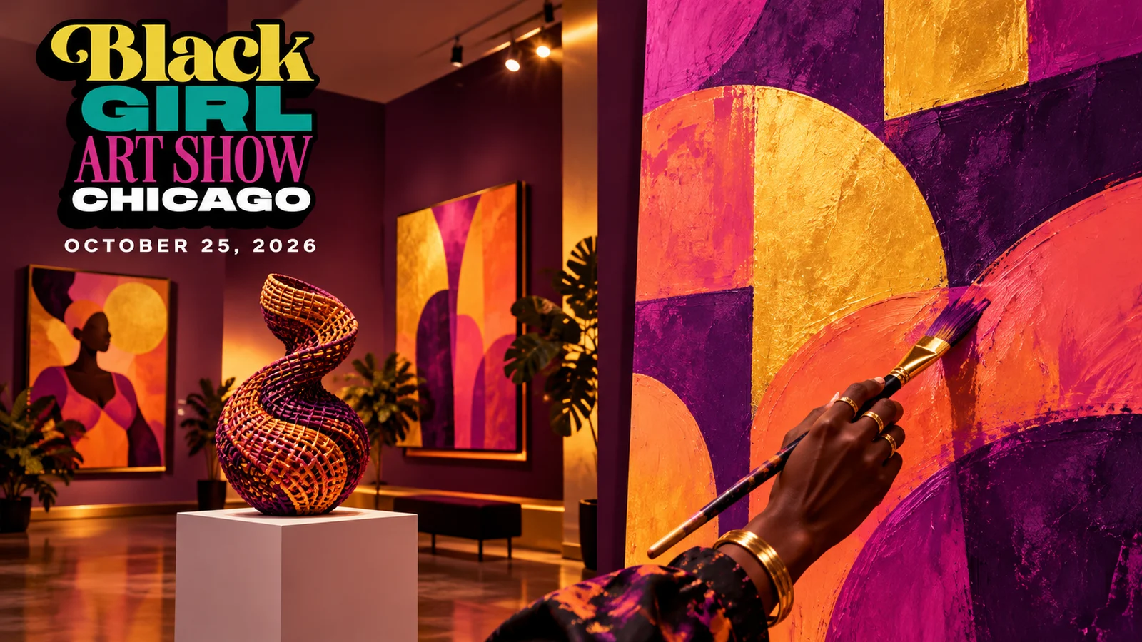 AI-generated evening gallery concept with original abstract art and the official Black Girl Art Show Chicago wordmark in the upper-left.