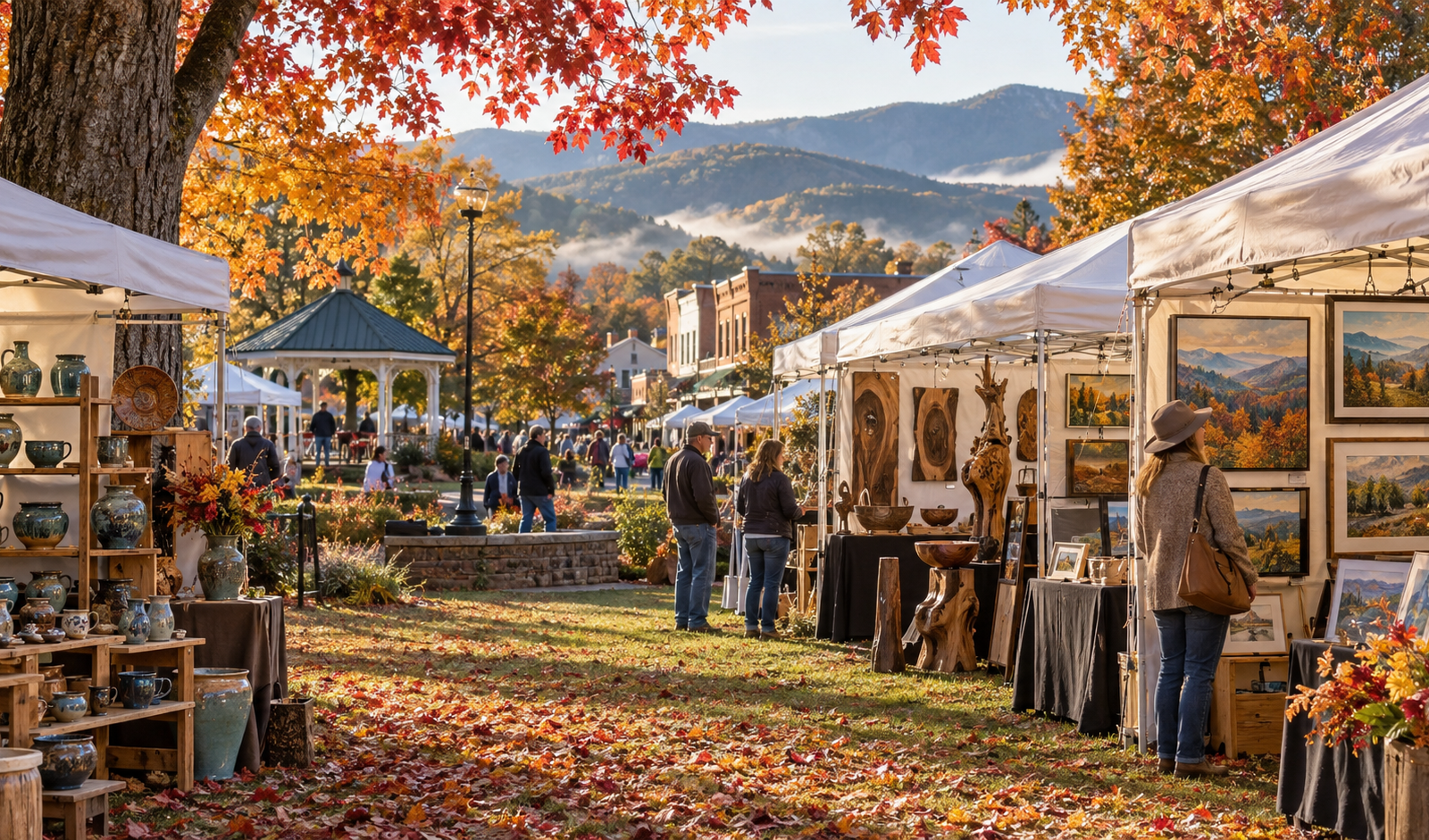 Conceptual Blue Ridge Georgia art festival with artist tents and autumn mountain scenery