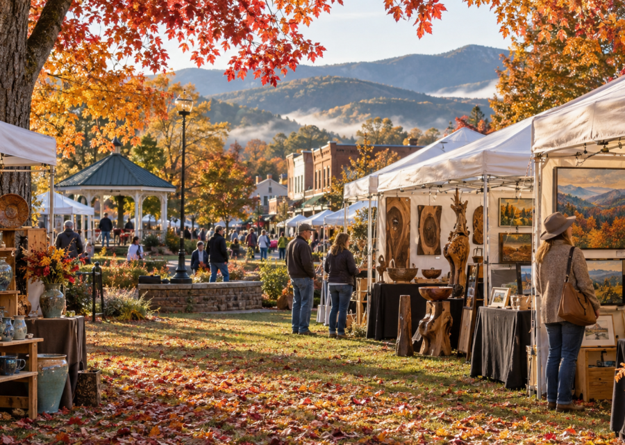 Conceptual Blue Ridge Georgia art festival with artist tents and autumn mountain scenery