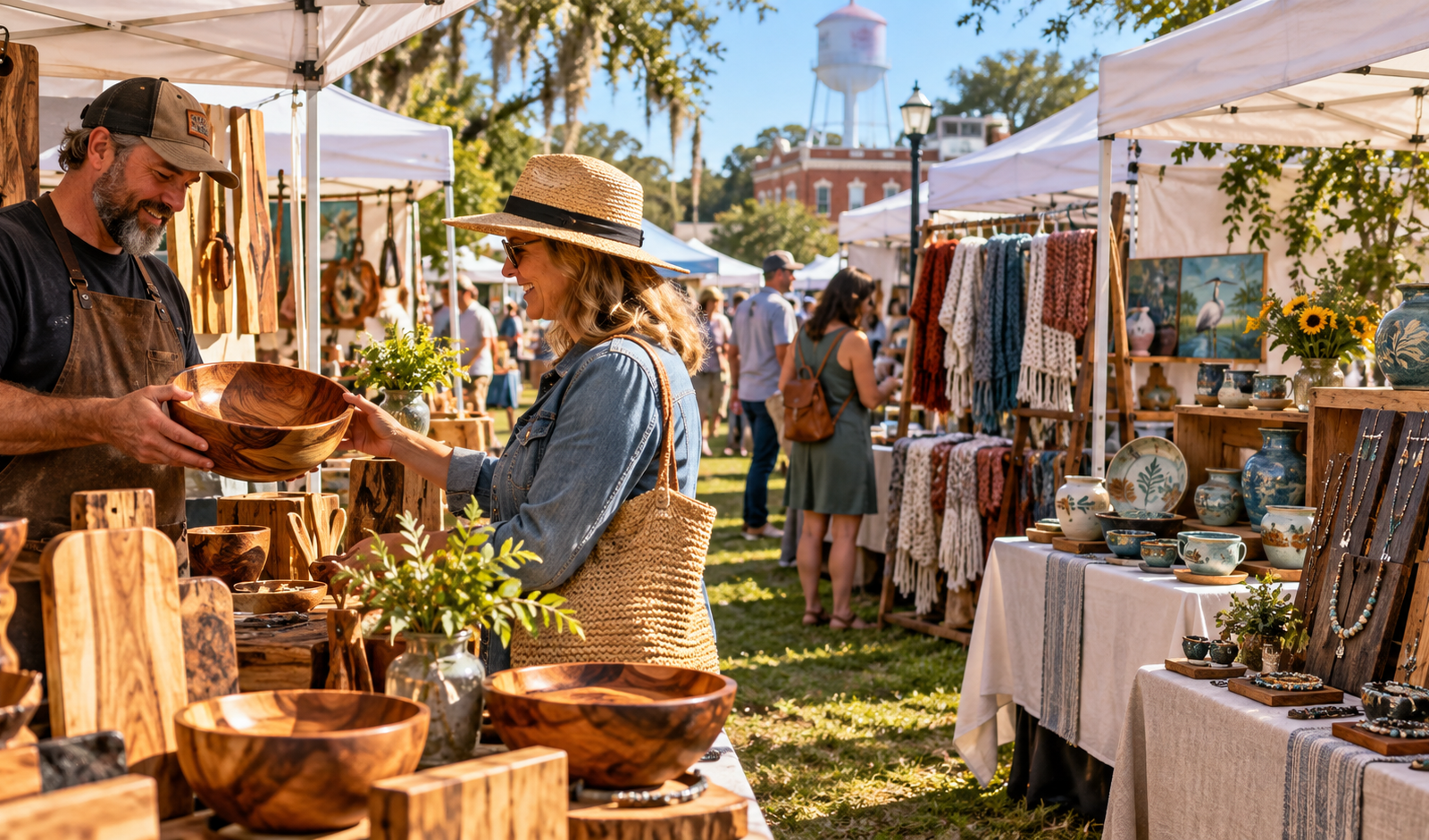 Conceptual Florida community craft fair with handmade woodwork, knitting and ceramics.