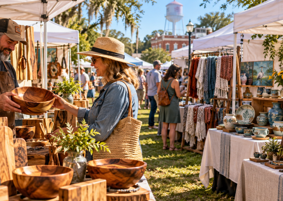Conceptual Florida community craft fair with handmade woodwork, knitting and ceramics.