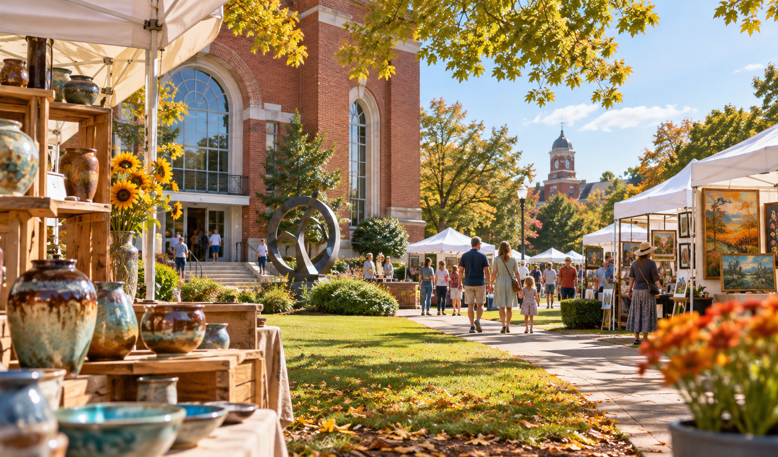 Conceptual Georgia arts festival with pottery booths beside a brick arts center in autumn sunshine