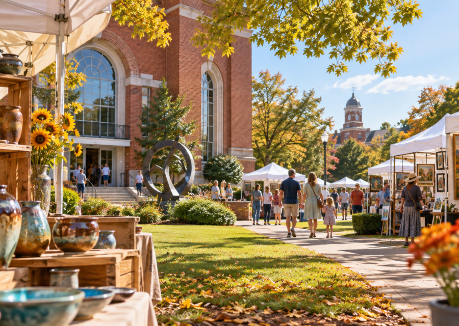 Conceptual Georgia arts festival with pottery booths beside a brick arts center in autumn sunshine
