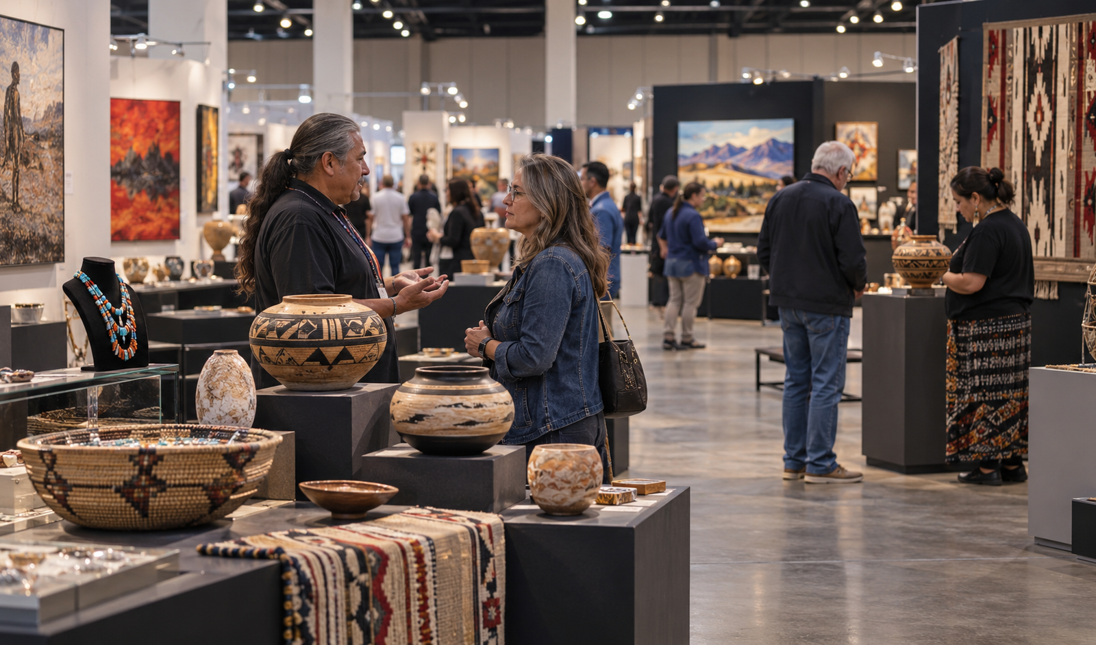 Conceptual indoor art market scene showing visitors speaking with artists beside pottery, textiles and paintings.