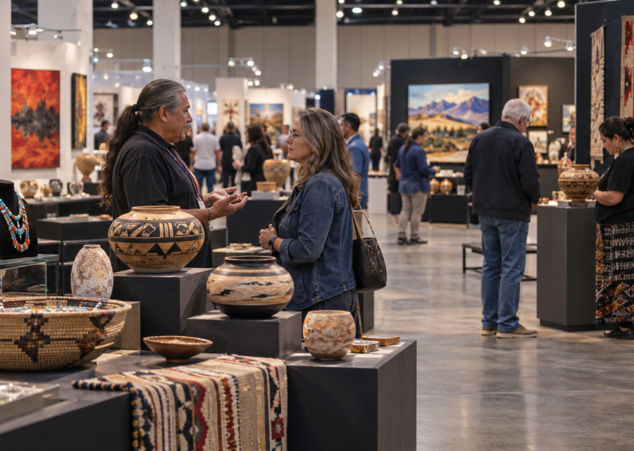 Conceptual indoor art market scene showing visitors speaking with artists beside pottery, textiles and paintings.