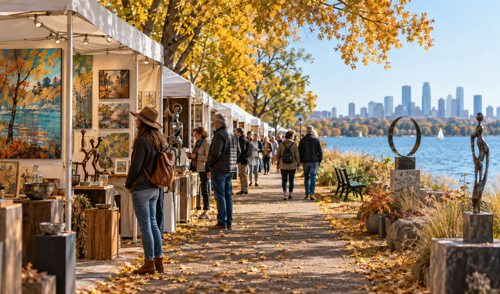 Conceptual lakeside fine art fair with artist booths, fall trees, sculptures and Minneapolis skyline