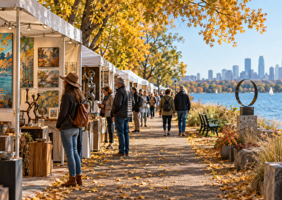 Conceptual lakeside fine art fair with artist booths, fall trees, sculptures and Minneapolis skyline