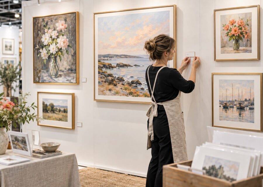 Concept illustration of an exhibitor placing a small price label beside framed artwork in an art-show booth.