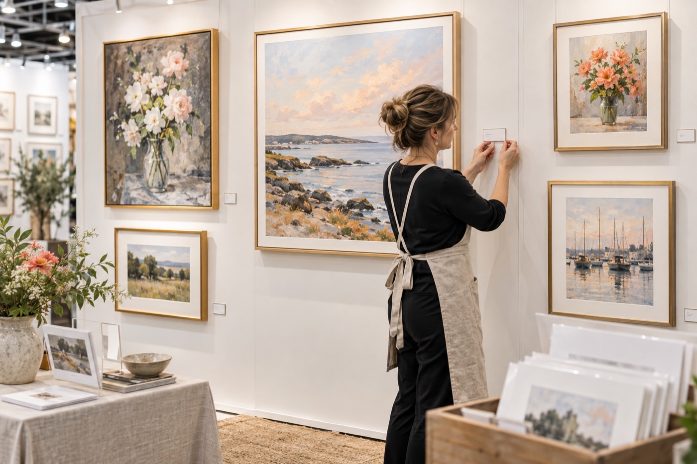 Concept illustration of an exhibitor placing a small price label beside framed artwork in an art-show booth.