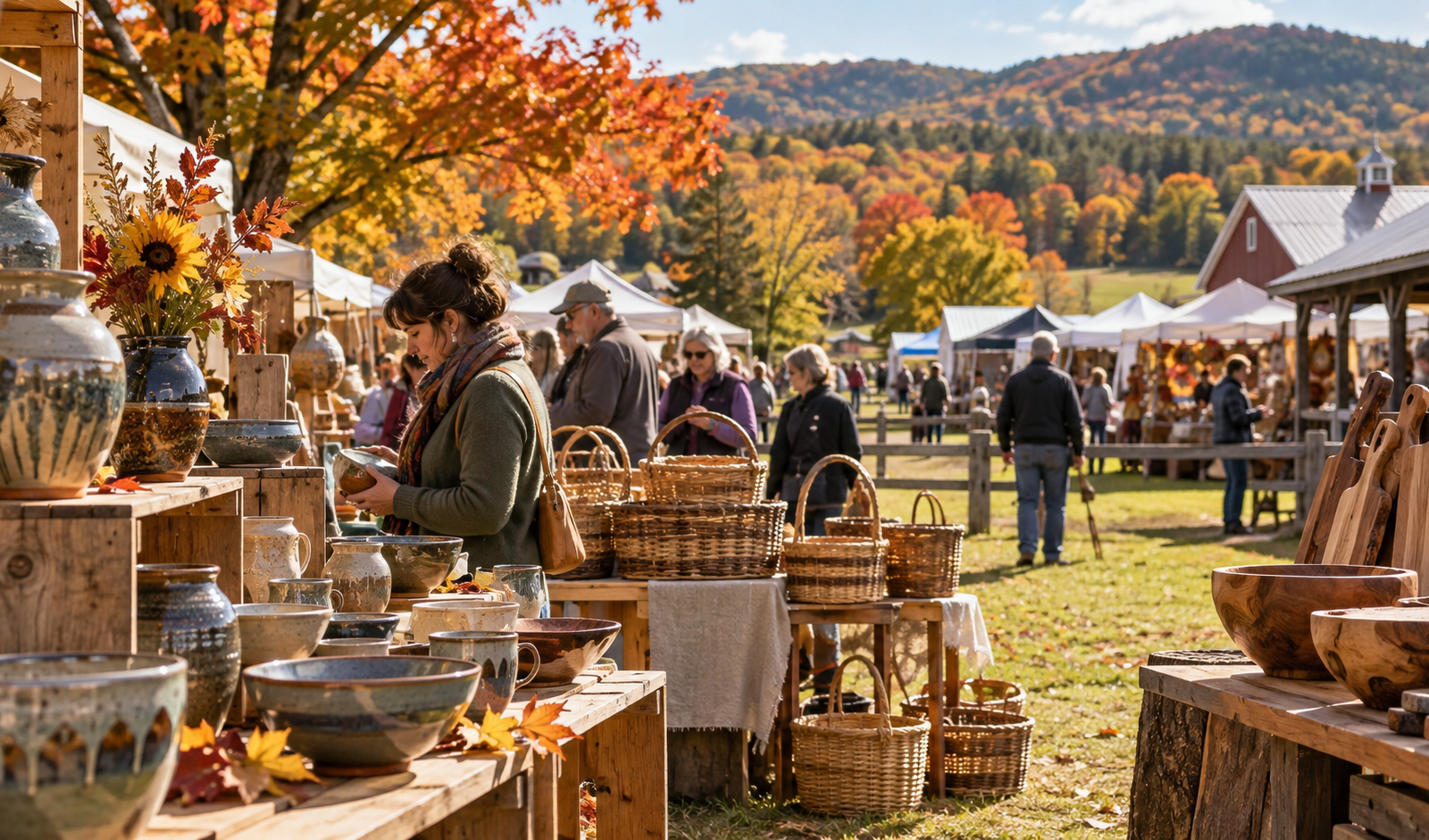 Conceptual Hudson Valley craft festival with pottery and baskets at an autumn fairgrounds.