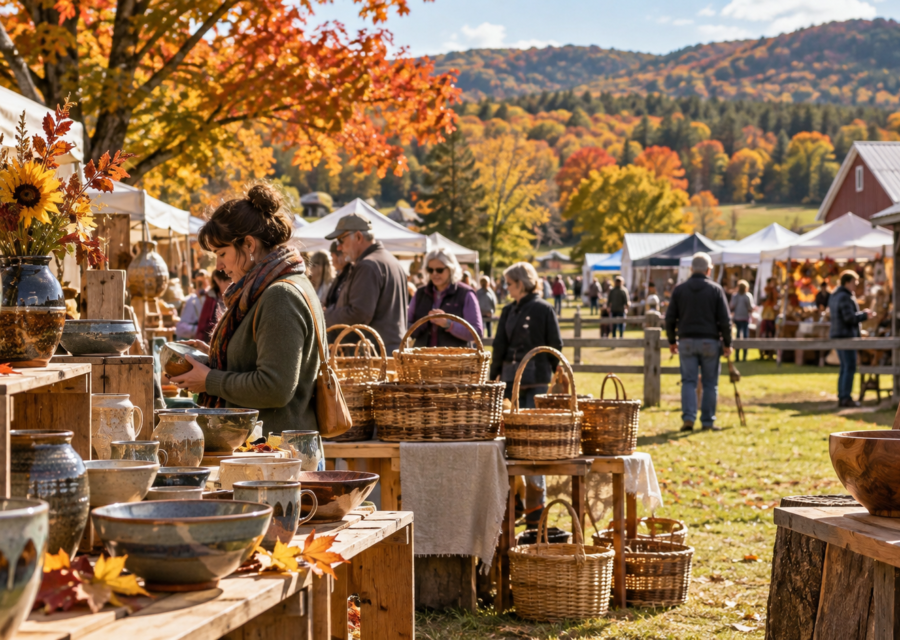 Conceptual Hudson Valley craft festival with pottery and baskets at an autumn fairgrounds.