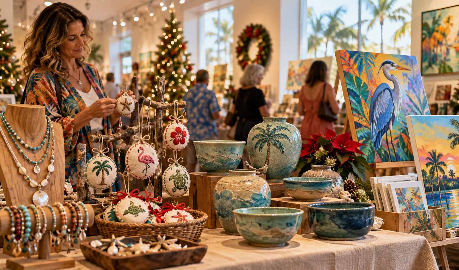 Conceptual indoor Florida craft show displaying handmade jewelry, pottery and holiday ornaments.