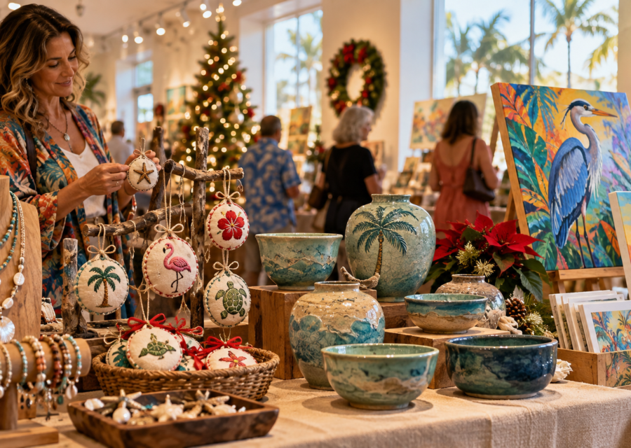 Conceptual indoor Florida craft show displaying handmade jewelry, pottery and holiday ornaments.