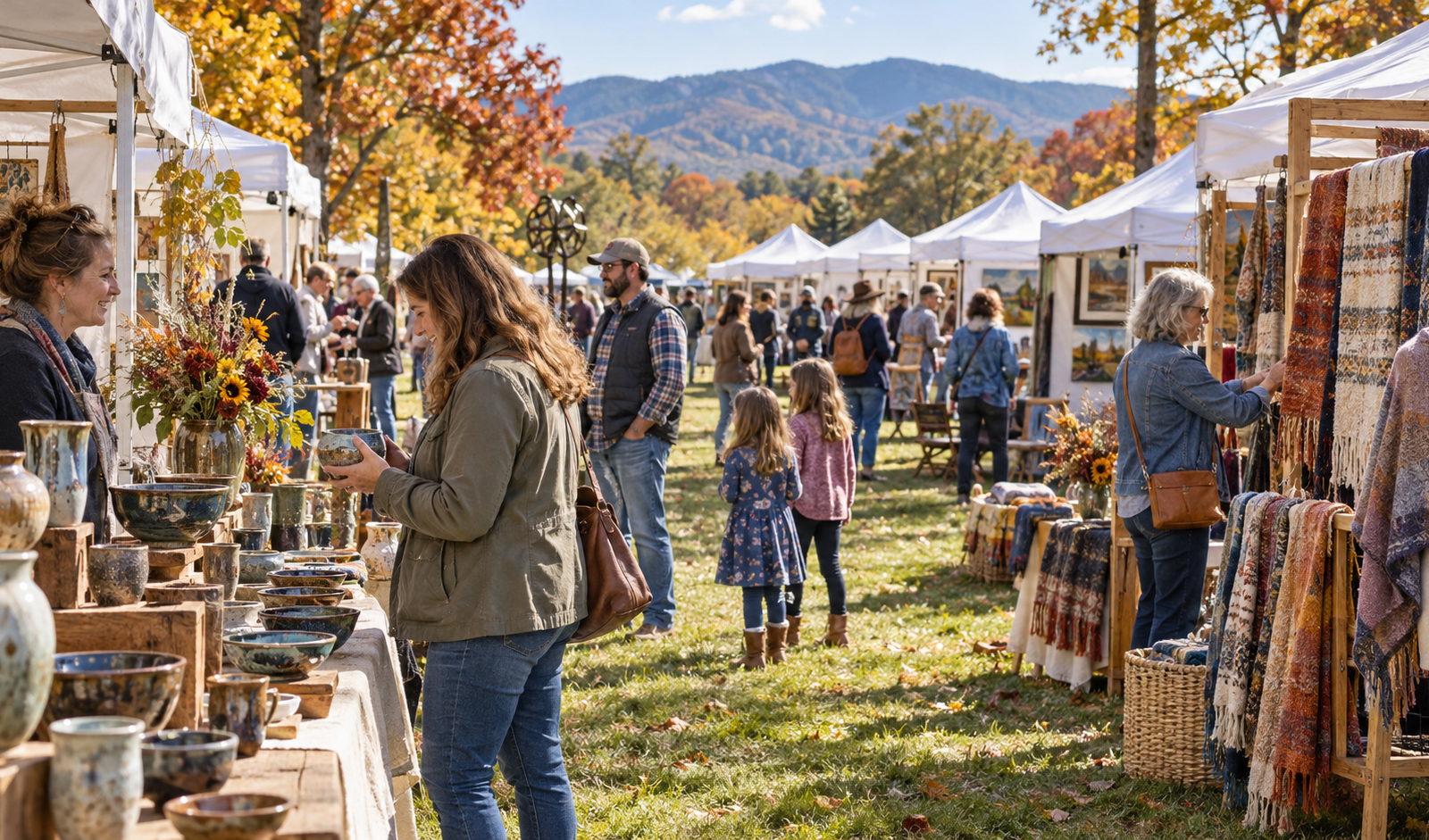 Conceptual autumn arts and crafts festival scene with artist booths in a wooded Virginia park
