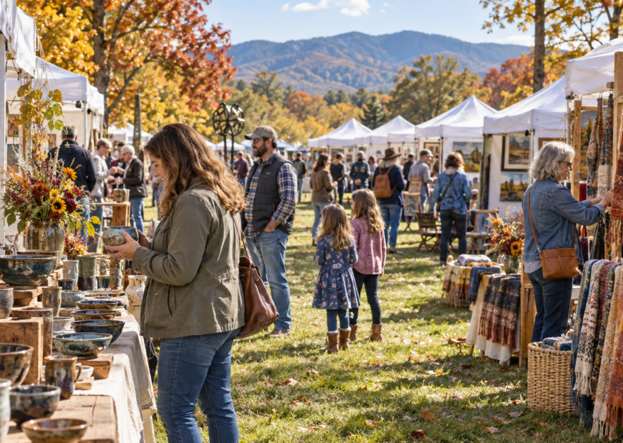 Conceptual autumn arts and crafts festival scene with artist booths in a wooded Virginia park