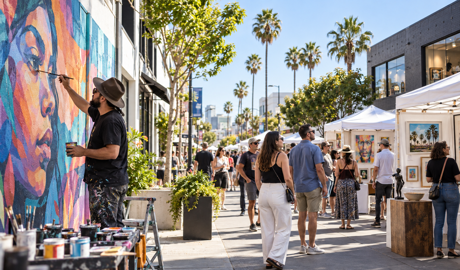 Conceptual Culver City arts district street festival with live mural painting and artist booths