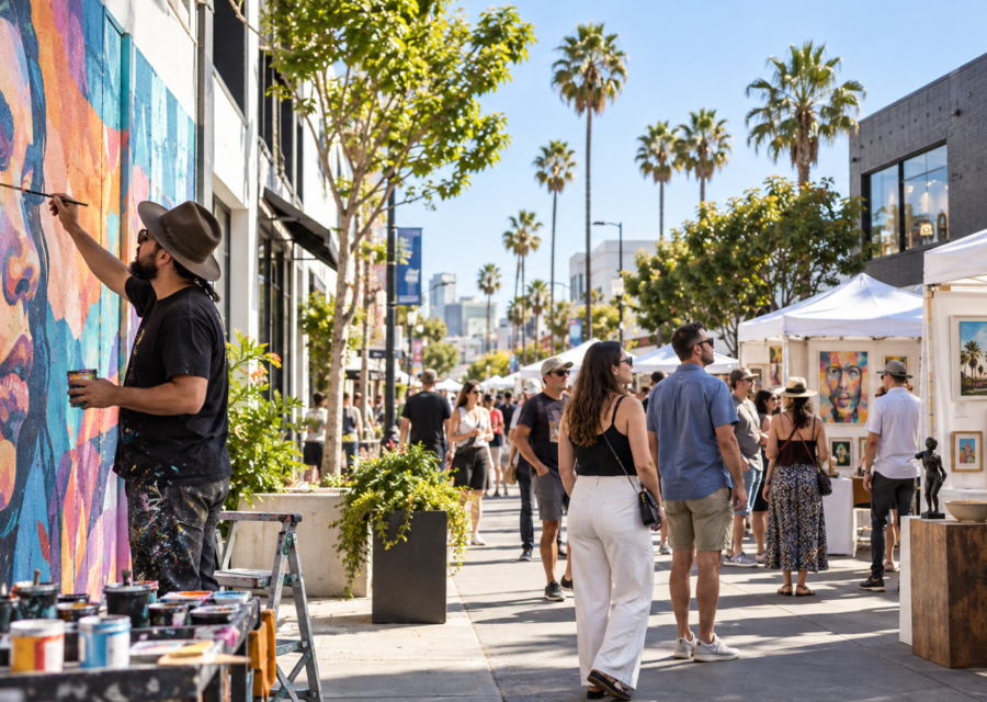 Conceptual Culver City arts district street festival with live mural painting and artist booths